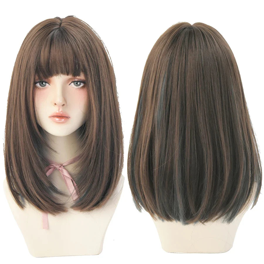 7JHHWIGS Long Straight Light Brown Synthetic Wig with Bangs – Heat-Resistant Daily Wear Wig for Women