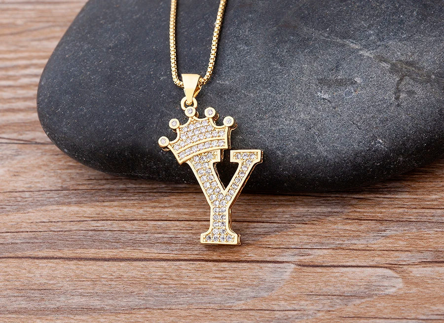 Nidin Luxury A-Z Crown Alphabet Pendant – Copper Zircon Initial Necklace Chain, Hip-Hop Style Jewelry for Men & Women