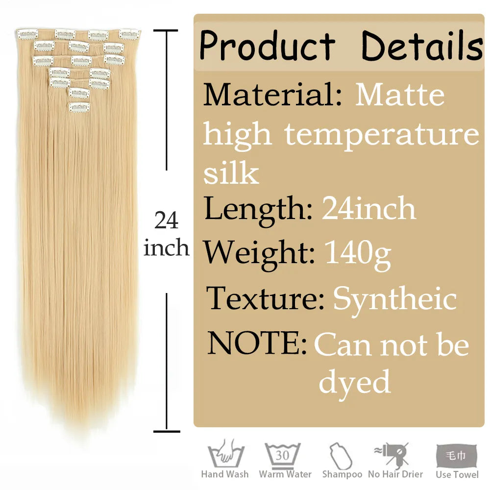 24-Inch Long Straight Synthetic Hair Extensions - Blonde & Black, Heat Resistant, 16 Clips-In Hairstyle Enhancement