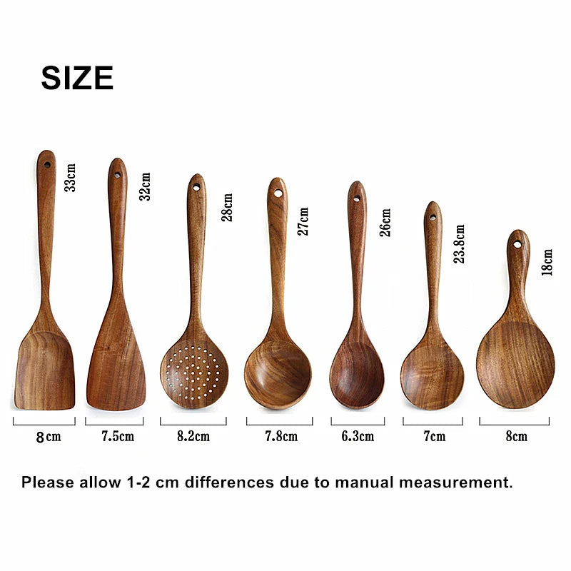1-9pcs Teak Wood Tableware Set – Natural Wooden Cooking Spoons, Colander Spoon & Soup Skimmer Kitchen Tool Kit