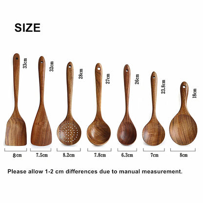 1-9pcs Teak Wood Tableware Set – Natural Wooden Cooking Spoons, Colander Spoon & Soup Skimmer Kitchen Tool Kit