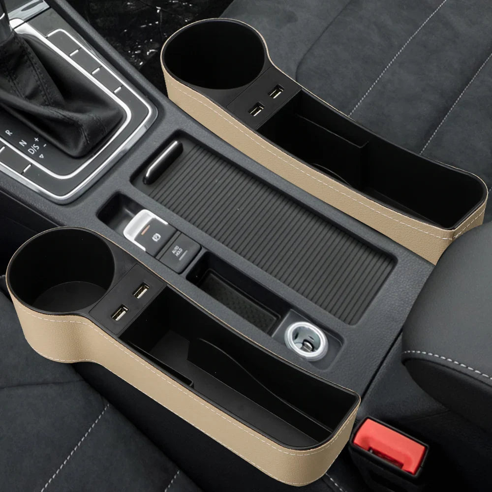 Car Seat Gap Organizer – Leather Auto Crevice Storage Box with Cup & Phone Holder, USB Option