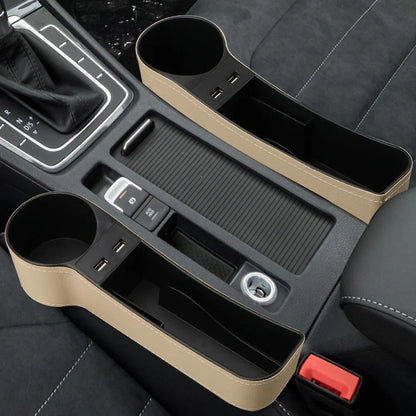 Car Seat Gap Organizer – Leather Auto Crevice Storage Box with Cup & Phone Holder, USB Option