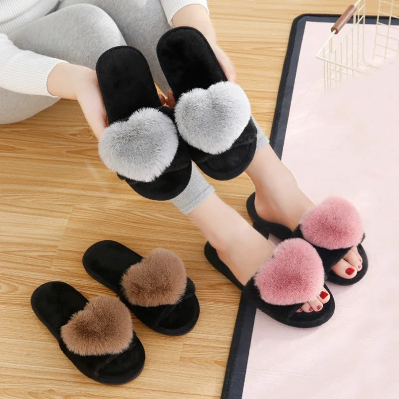 Women’s Indoor Home Slippers – Warm, Non-Slip Plush Bedroom Shoes with Cute Heart Pattern for Autumn & Winter