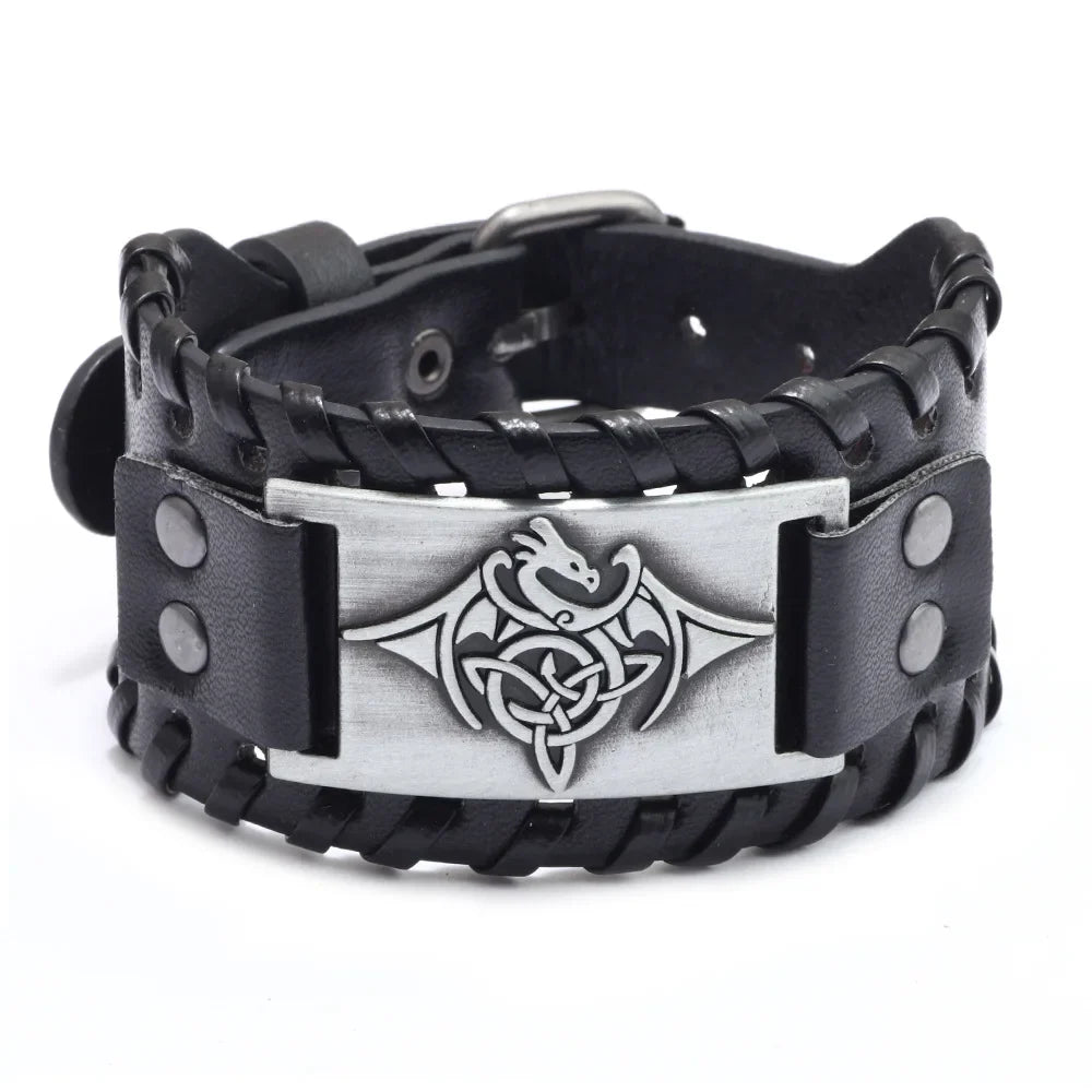 Totem Design Wide Leather Pirate Compass Bracelet - Men's Celtic Viking Jewelry, Party Gift Accessories