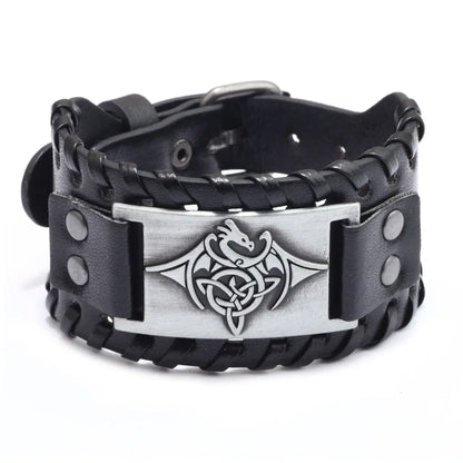 Totem Design Wide Leather Pirate Compass Bracelet - Men's Celtic Viking Jewelry, Party Gift Accessories