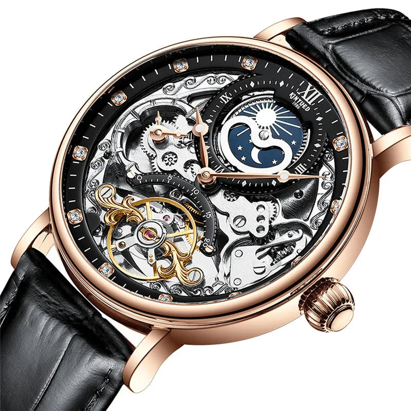 KINYUED Men’s Luxury Rose Gold Skeleton Tourbillon Automatic Watch – Waterproof Mechanical Wristwatch