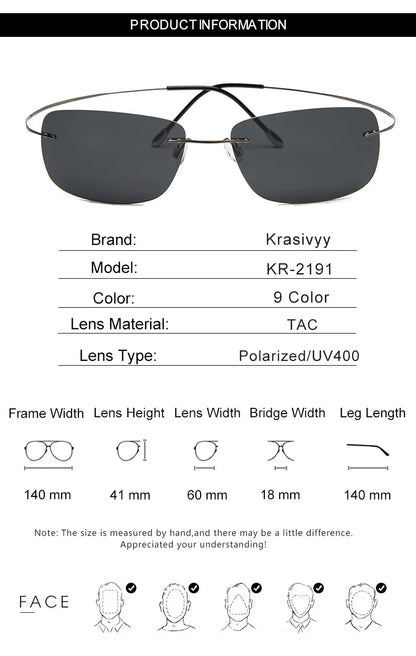 Krasivyy Rimless Square Polarized Sunglasses – Ultralight Pure Titanium, Brand Design for Men, Driving Sun Glasses, Oculos De Sol