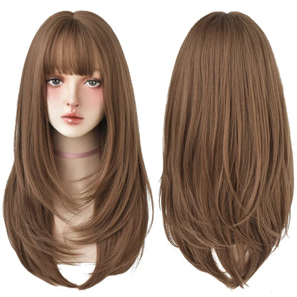 7JHHWIGS Long Straight Light Brown Synthetic Wig with Bangs – Heat-Resistant Daily Wear Wig for Women