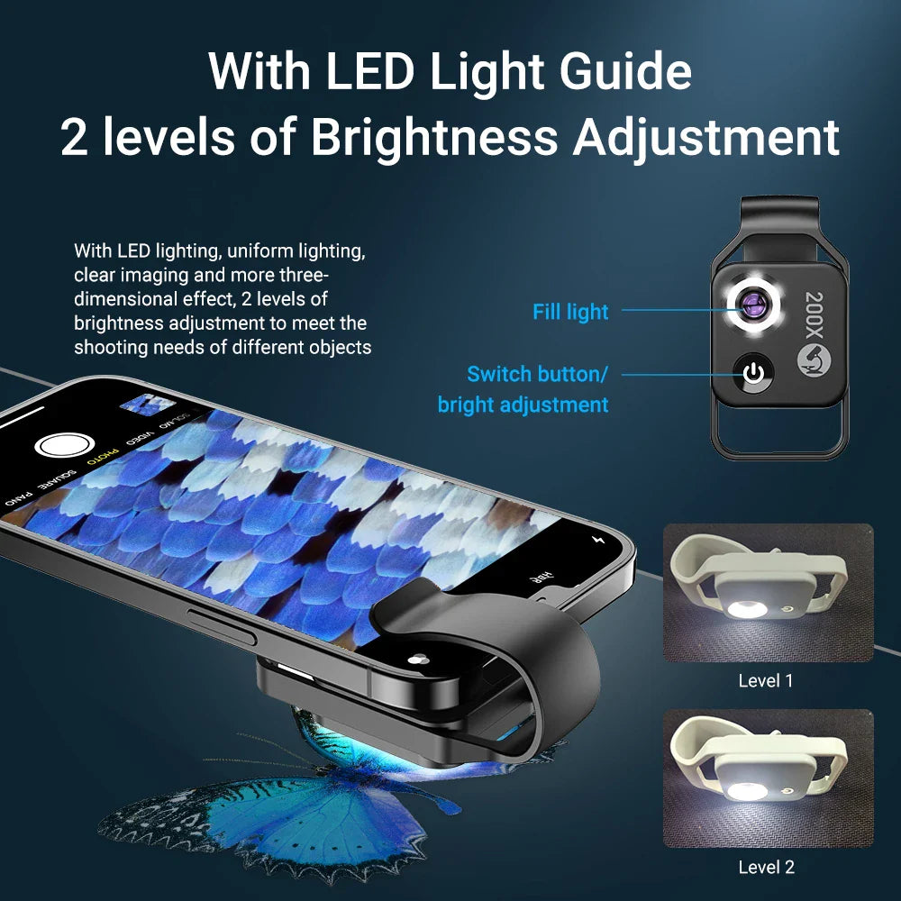 APEXEL Digital 200X Microscope Lens with Mobile LED Guide Light - Micro Pocket SuperMacro Lens for iPhone, Samsung Phones