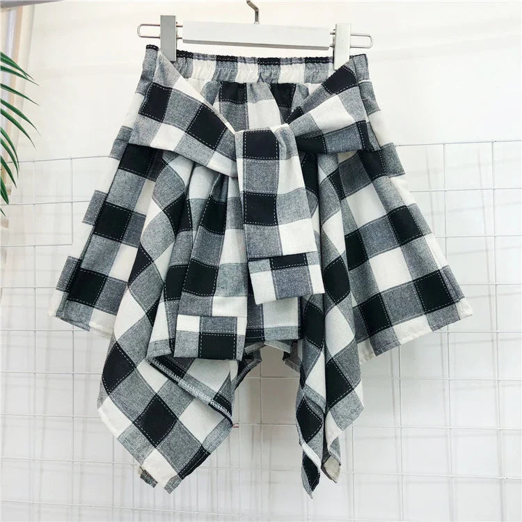 TOTRUST Women’s Fashion Asymmetrical Summer Plaid Mini Skirt – Casual College Style Fake Shirt Design