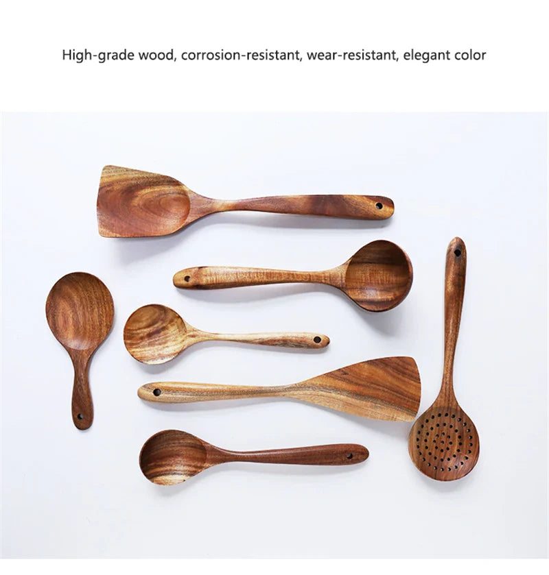 1-7pcs Teak Wood Tableware Set – Natural Wooden Spoons, Colander Spoon & Soup Skimmer Cooking Tool Kit