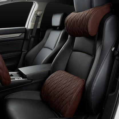 Car Neck & Lumbar Pillow – PU Leather Memory Foam Seat Headrest & Backrest Cushion
