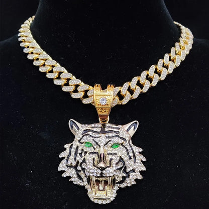 3D Tiger Pendant Necklace - Iced Out Crystal Cuban Chain Hip Hop Jewelry for Men & Women