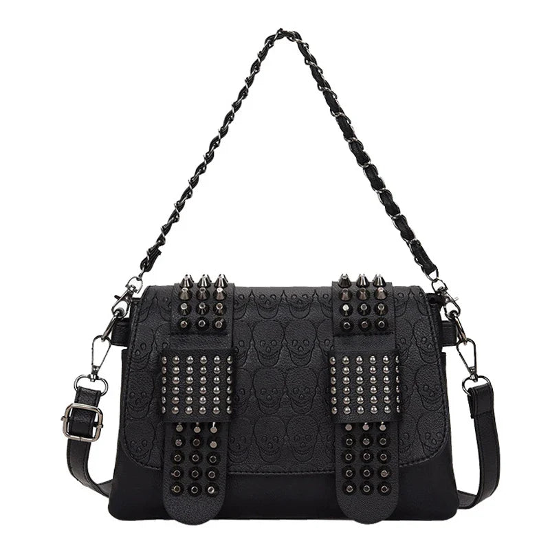 Vintage Skull Rivet PU Leather Shoulder Bag — Women’s Black Crossbody Flap Messenger Handbag