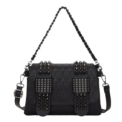 Vintage Skull Rivet PU Leather Shoulder Bag — Women’s Black Crossbody Flap Messenger Handbag