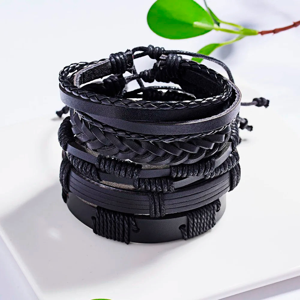 Men's Vintage Multilayer Leather Braid Bracelet - Handmade Star, Leaf & Owl Rope Wrap Bangle, Male Gift Jewelry
