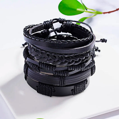 Men's Vintage Multilayer Leather Braid Bracelet - Handmade Star, Leaf & Owl Rope Wrap Bangle, Male Gift Jewelry