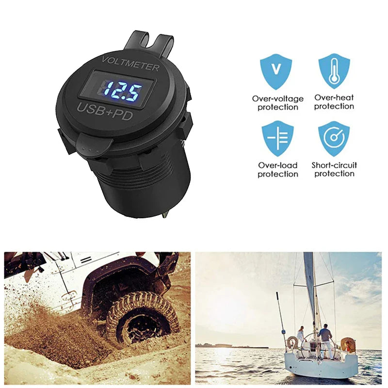 Car USB Charger with QC3.0 PD Type C and Switch Socket - for 12V/24V Vehicles, Boat, Motorcycle, SUV, Bus, Truck, Caravan, Marine
