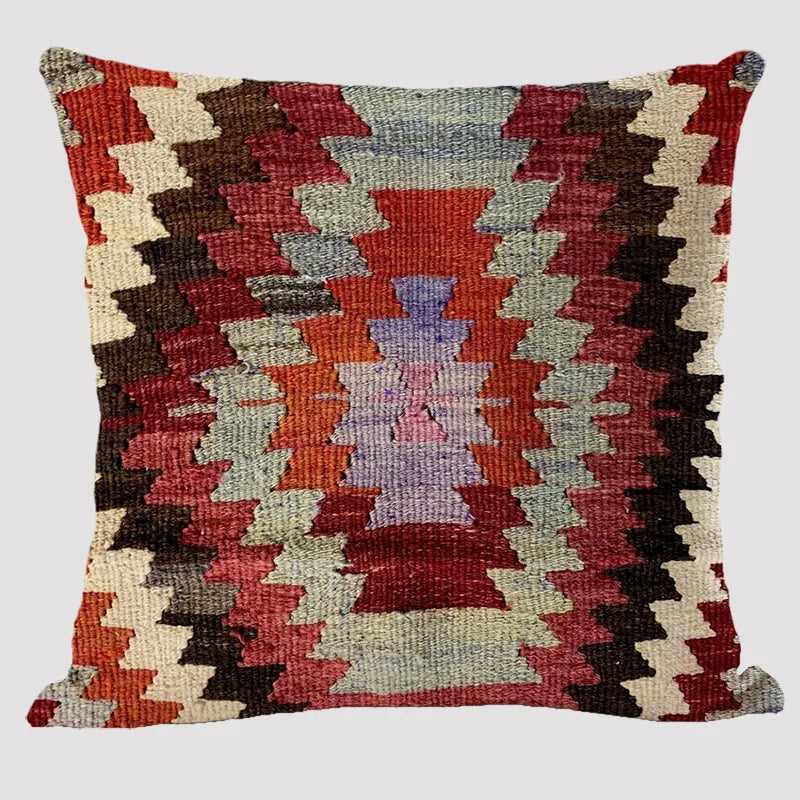 Bohemian Linen Cushion Cover – Multicolor Ethnic Geometric Pattern Decorative Pillow for Living Room Sofa