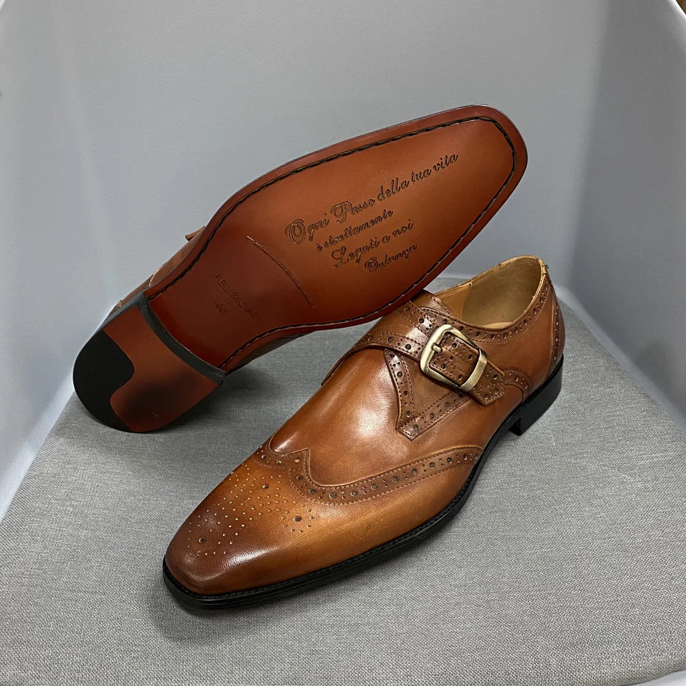 Men’s Luxury Leather Dress Shoes – Italian Wingtip Oxfords & Monk Strap Buckle Brogue for Business, Wedding & Formal Wear