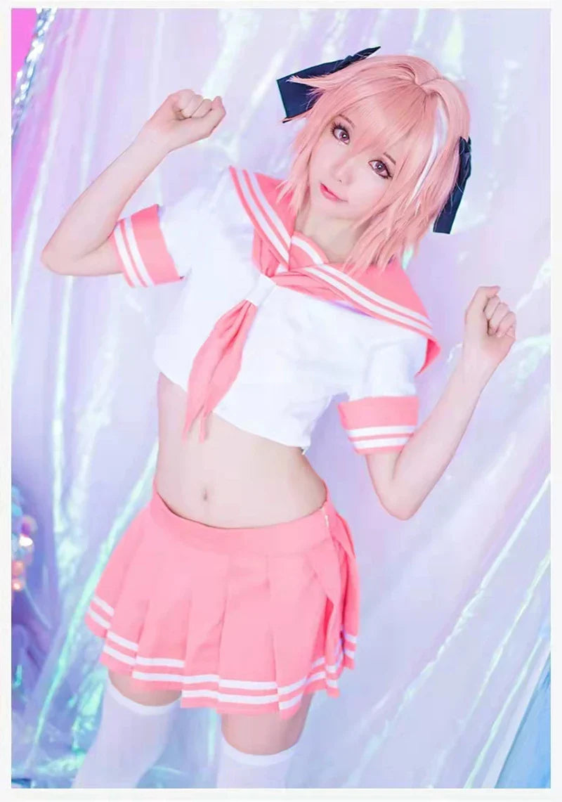 Fate Grand Order Astolfo Cosplay Costume – Fate Apocrypha Rider JK Uniform Sailor Suit Skirt for Women, Halloween