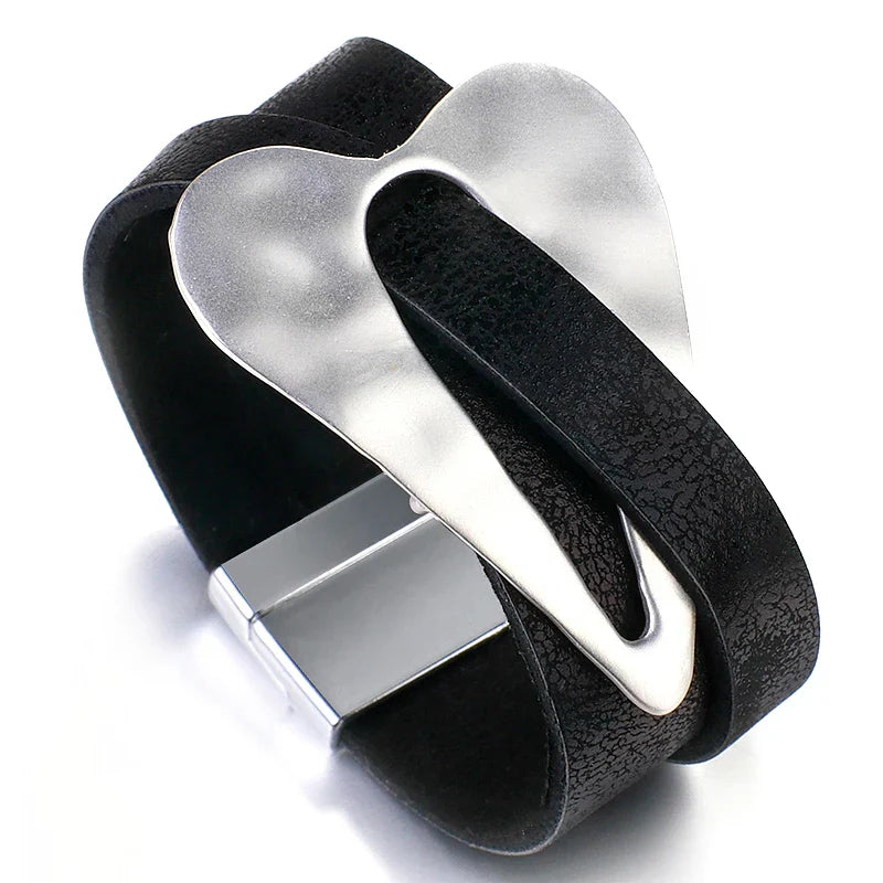 ALLYES Black Leather Bracelet for Men & Women - Fashion 2024 Magnetic Buckle with Heart Charm, Wide Wrap Jewelry