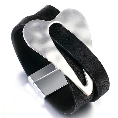 ALLYES Black Leather Bracelet for Men & Women - Fashion 2024 Magnetic Buckle with Heart Charm, Wide Wrap Jewelry