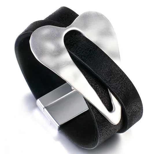 ALLYES Black Leather Bracelet for Men & Women - Fashion 2024 Magnetic Buckle with Heart Charm, Wide Wrap Jewelry