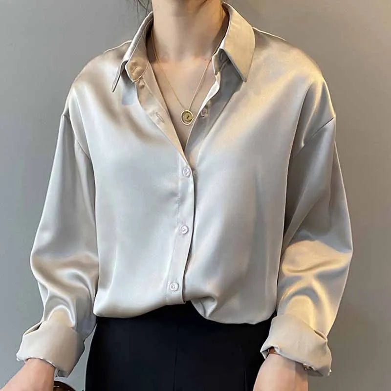 Elegant Satin Women’s Shirt — Loose Vintage Blouse with Turn-Down Collar for Spring & Autumn