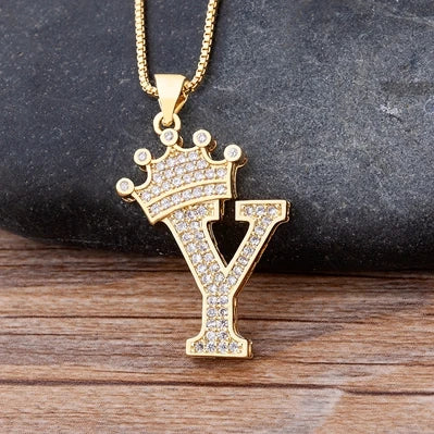 Nidin Luxury A-Z Crown Alphabet Pendant – Copper Zircon Initial Necklace Chain, Hip-Hop Style Jewelry for Men & Women