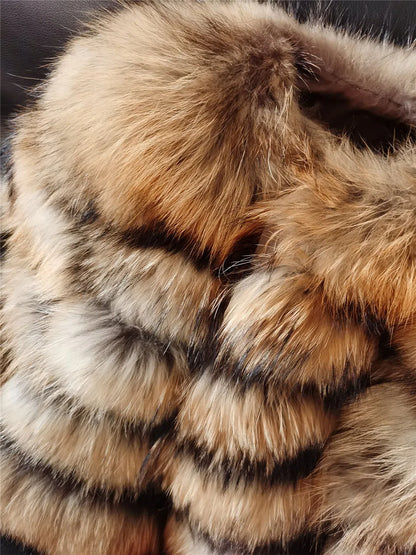 2025 Maomaokong Women’s Real Fur Coat – Natural Raccoon & Fox Fur Jacket with Hood, Warm Winter Outerwear