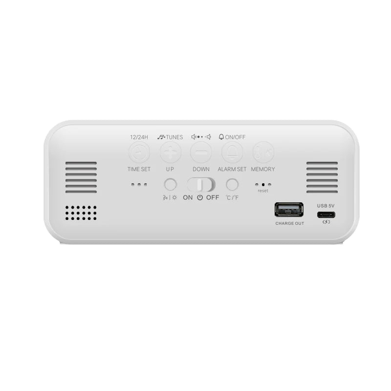 Music Alarm Clock with Temperature Humidity Display: Voice Control/Always On Table & Wall Clock - Dual Alarm, Rechargeable Digital LED Clocks