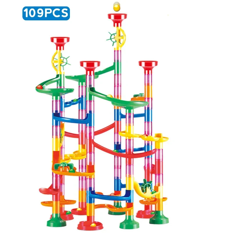 DIY Marble Run Race Track Set - 3D Maze Ball Roller Building Blocks Toy for Kids Creative STEM Play