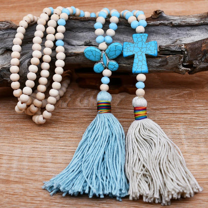Wooden Bead Tassel Long Necklace - Bohemian Summer Beach Sweater Chain for Women | Mother's Day Gift