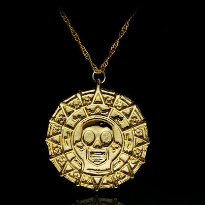 Caribbean Pirates Aztec Gold Coin Necklace – Retro Skull Pendant, Punk Hip Hop Movie Accessory