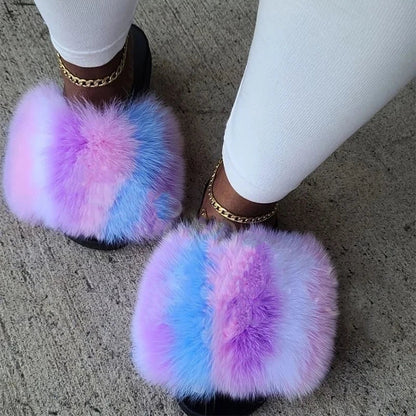 Girls’ Luxury Fluffy Fur Slippers – Warm Plush Indoor Flip Flop Slides for Women, New Arrival