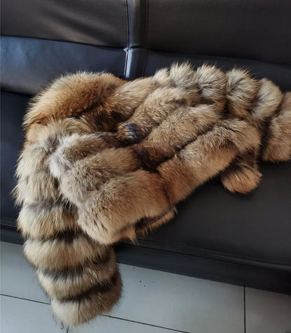 2025 Maomaokong Women’s Real Fur Coat – Natural Raccoon & Fox Fur Jacket with Hood, Warm Winter Outerwear