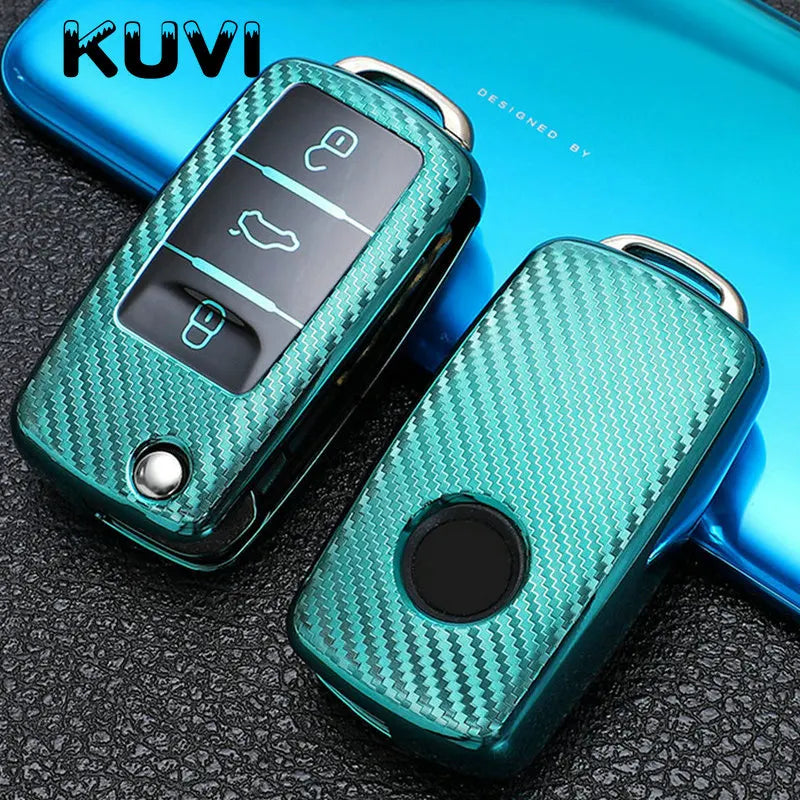 TPU Carbon Fiber Car Key Case Cover for VW & Skoda – Fits Polo, Tiguan, Passat B5 B6 B7, Golf 4 5 6 MK6, Jetta, Lavida, Octavia
