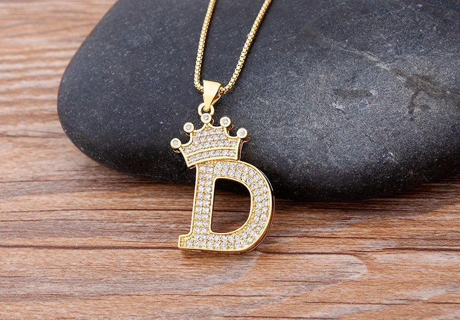 Nidin Luxury A-Z Crown Alphabet Pendant – Copper Zircon Initial Necklace Chain, Hip-Hop Style Jewelry for Men & Women