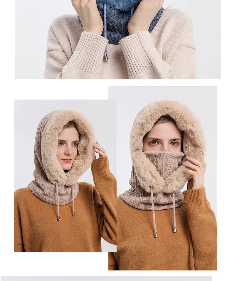 Winter Fur Cap Mask Set – Hooded Knitted Cashmere Neck Warmer, Plush Windproof Balaclava Ski Beanie for Women