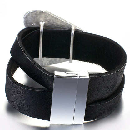 ALLYES Black Leather Bracelet for Men & Women - Fashion 2024 Magnetic Buckle with Heart Charm, Wide Wrap Jewelry