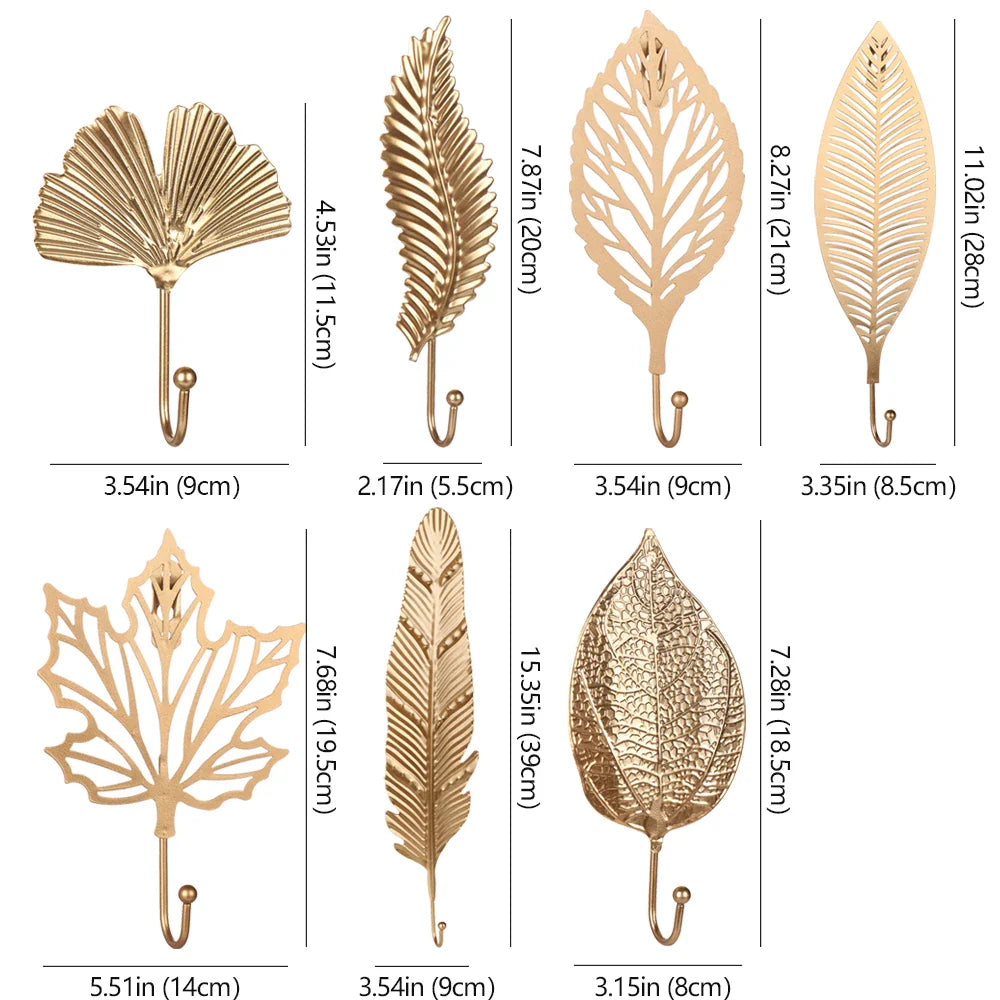 Nordic Style Gold/Green Leaf Shape Wrought Iron Hook Wall Hanger - Towel Clothes Storage Rack for Home Organization