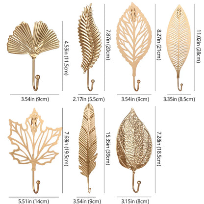 Nordic Style Gold/Green Leaf Shape Wrought Iron Hook Wall Hanger - Towel Clothes Storage Rack for Home Organization