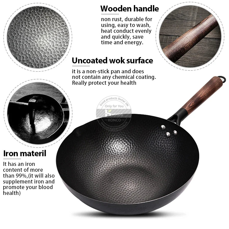 Konco 32cm Pure Cast Iron Wok – Non-Coated Chinese Wok Pan for Gas & Induction Cookers