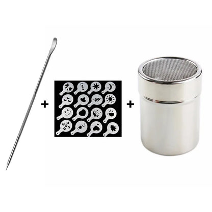 16PCS Cafe Foam Template Barista Stencils - Plastic Mold for Coffee Art, Stainless Steel Latte Garland Needles for Powder Sprinkling