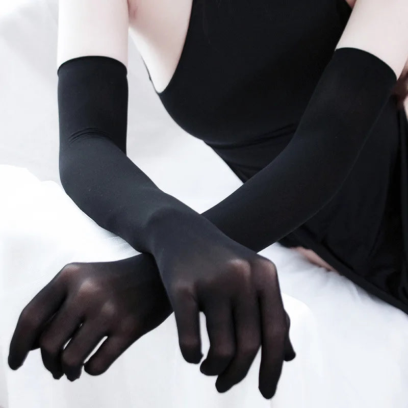 Sexy Lace Sheer Long Gloves – Hollow Breathable Transparent Seamless High Elasticity Stocking Gloves for Women & Men (White/Black)