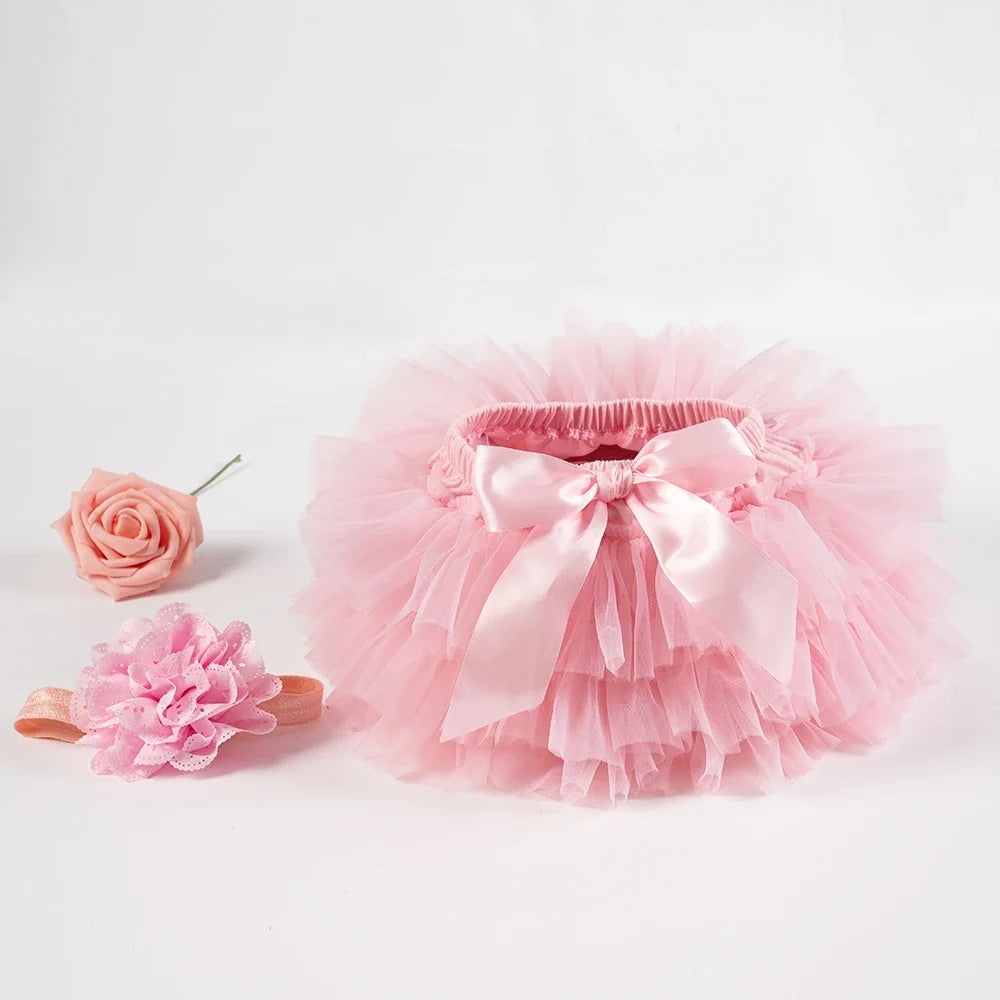 Baby Girl Tutu Bloomers Set - Newborn Tulle Lace Diaper Cover with Flower Headband Outfit