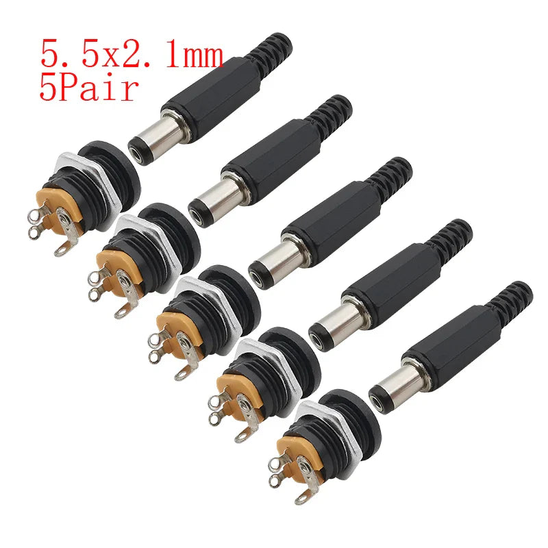 10Pcs DC Power Connectors 5.5x2.1mm & 3.5x1.3mm – Male Female Jack Socket, Nut Panel Mount DC Power Adapter Connector