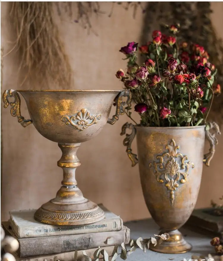 European Retro Iron Goblet Vase — Metal Flowerpot for Home, Living Room, Hotel & Flower Arrangement Decor